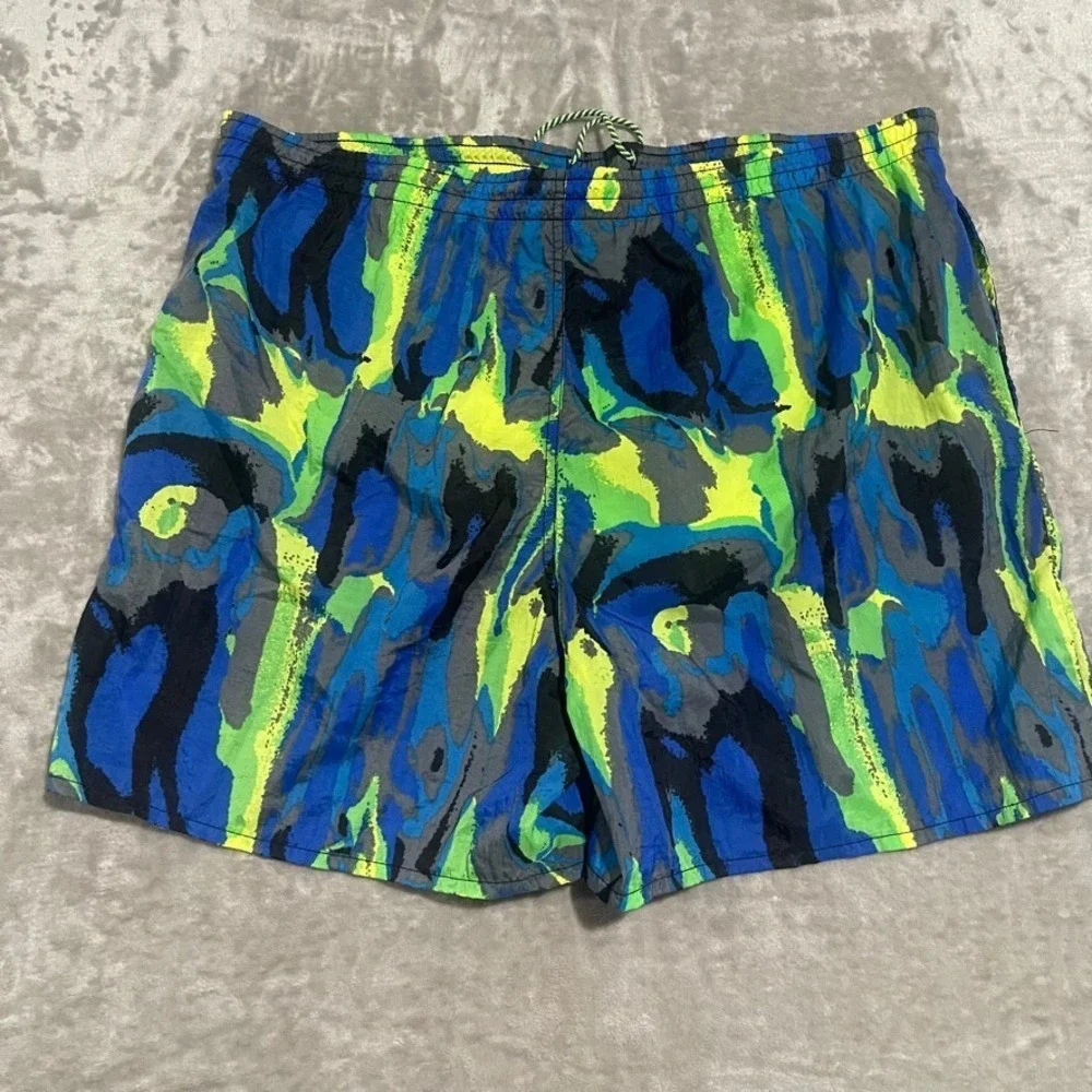 Vintage Nike Swim‎ Shorts Mens Large Abstract Marble Print Green 90s EUC
